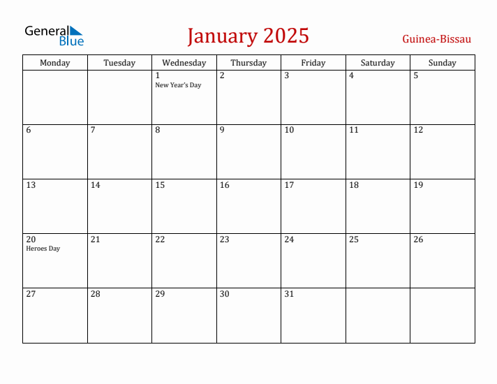 Guinea-Bissau January 2025 Calendar - Monday Start