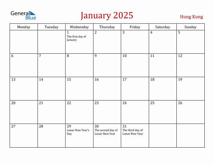 Hong Kong January 2025 Calendar - Monday Start