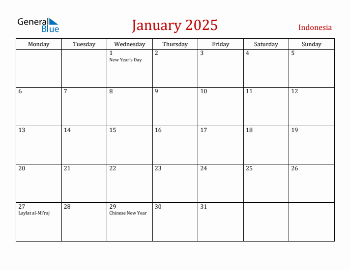 Indonesia January 2025 Calendar - Monday Start