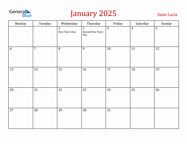 Saint Lucia January 2025 Calendar - Monday Start