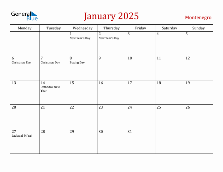 Montenegro January 2025 Calendar - Monday Start