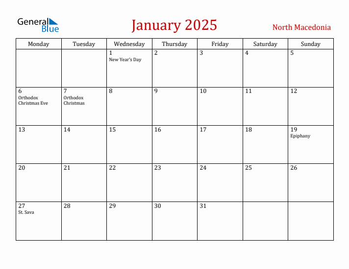 North Macedonia January 2025 Calendar - Monday Start