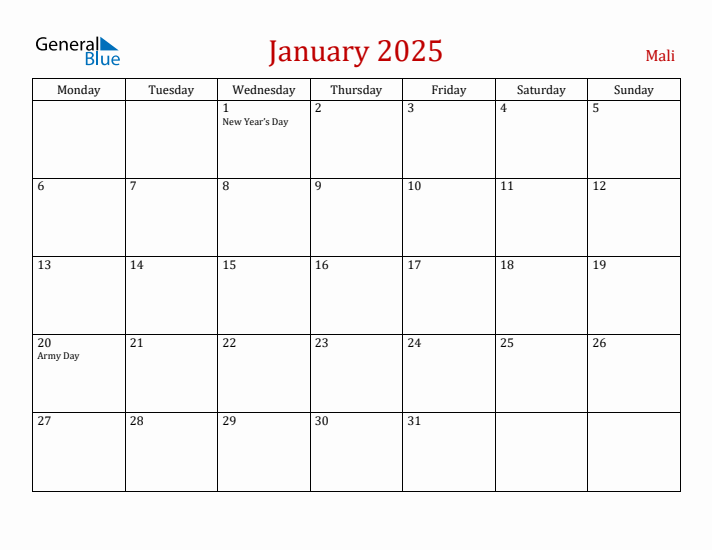 Mali January 2025 Calendar - Monday Start