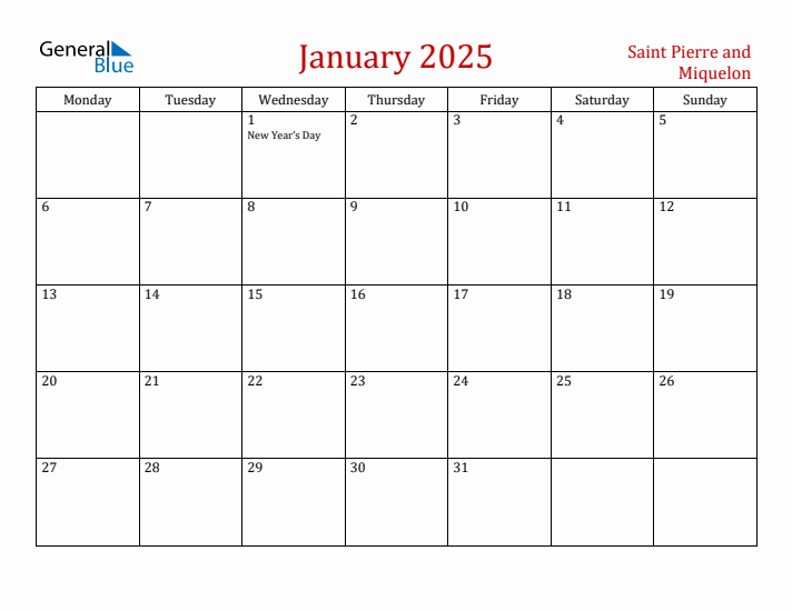 Saint Pierre and Miquelon January 2025 Calendar - Monday Start
