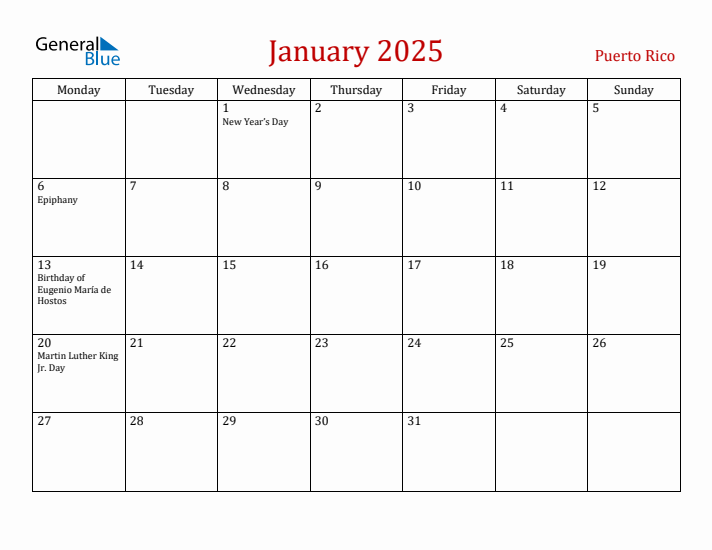 Puerto Rico January 2025 Calendar - Monday Start