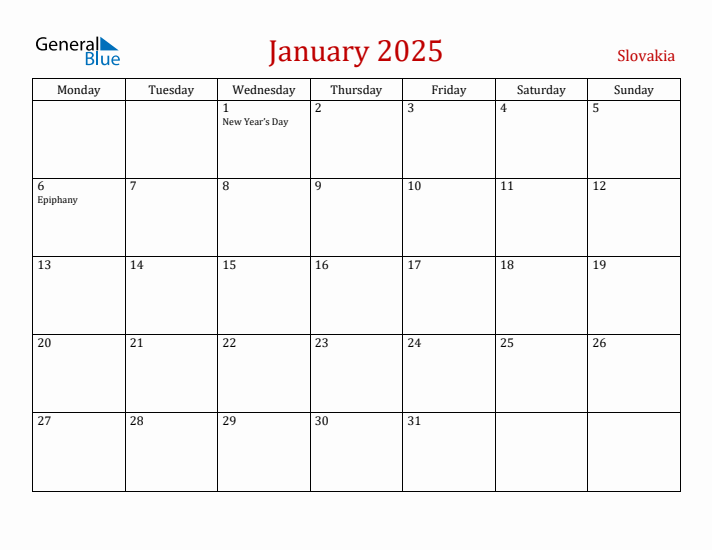 Slovakia January 2025 Calendar - Monday Start