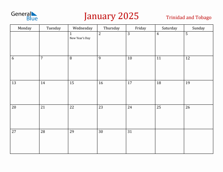 Trinidad and Tobago January 2025 Calendar - Monday Start