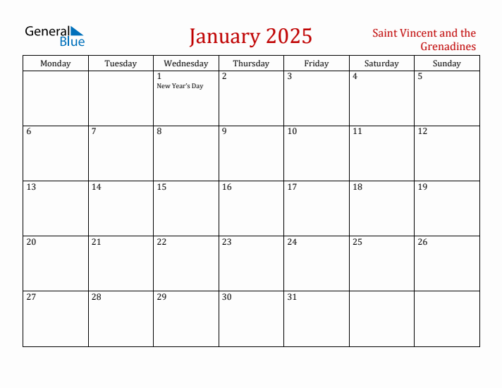 Saint Vincent and the Grenadines January 2025 Calendar - Monday Start
