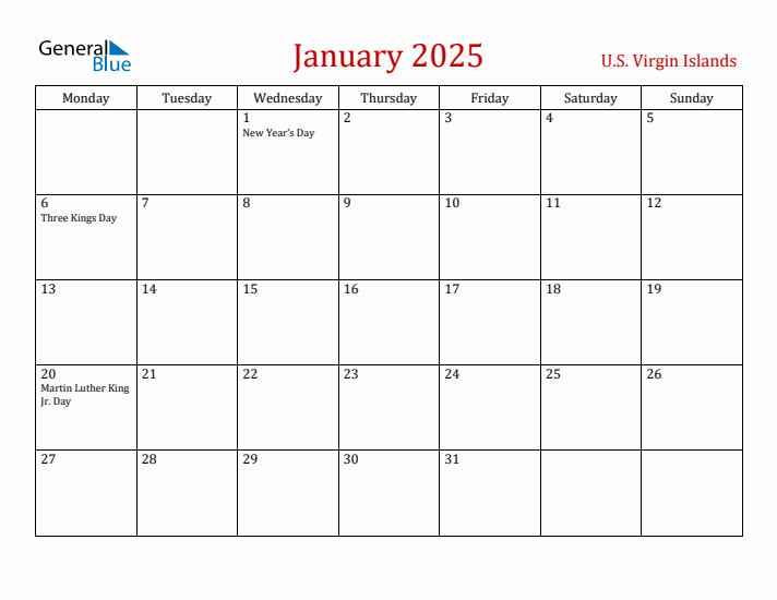 U.S. Virgin Islands January 2025 Calendar - Monday Start