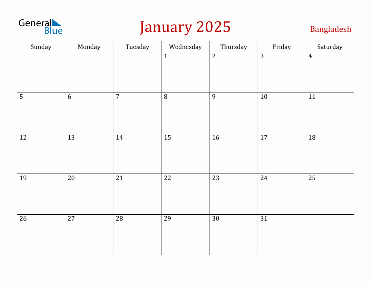 January 2025 Bangladesh Monthly Calendar with Holidays