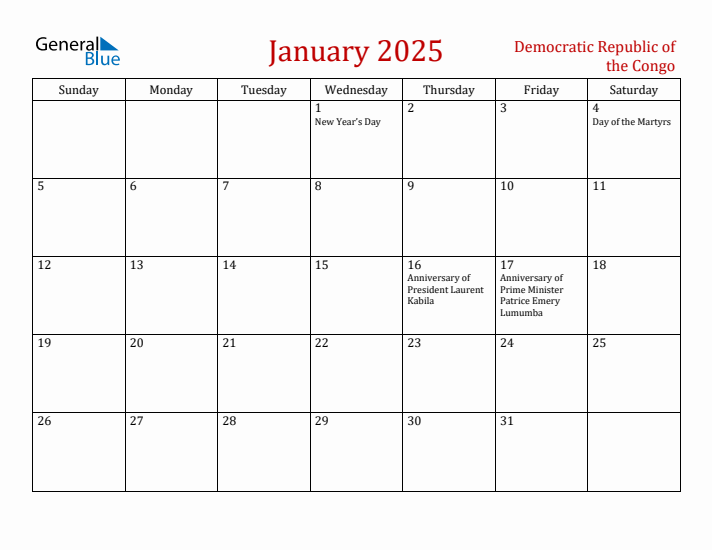 Democratic Republic of the Congo January 2025 Calendar - Sunday Start