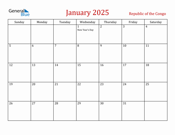 Republic of the Congo January 2025 Calendar - Sunday Start