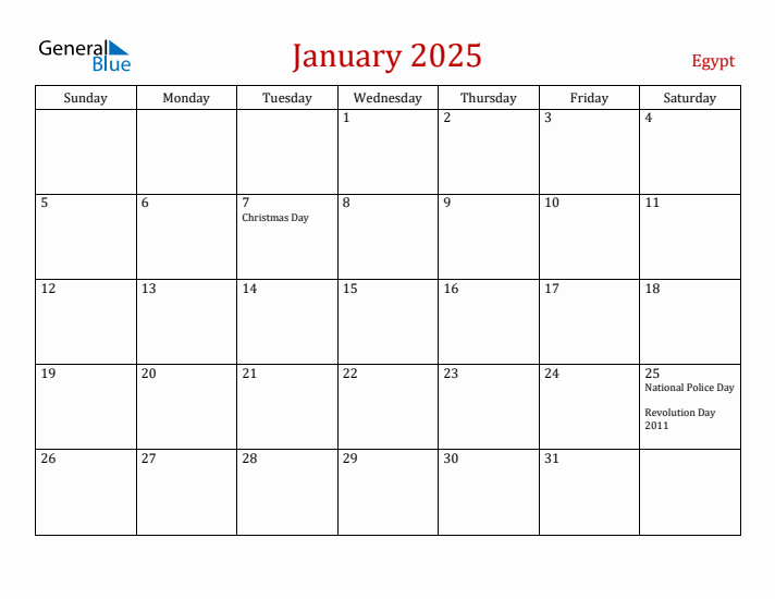 Egypt January 2025 Calendar - Sunday Start
