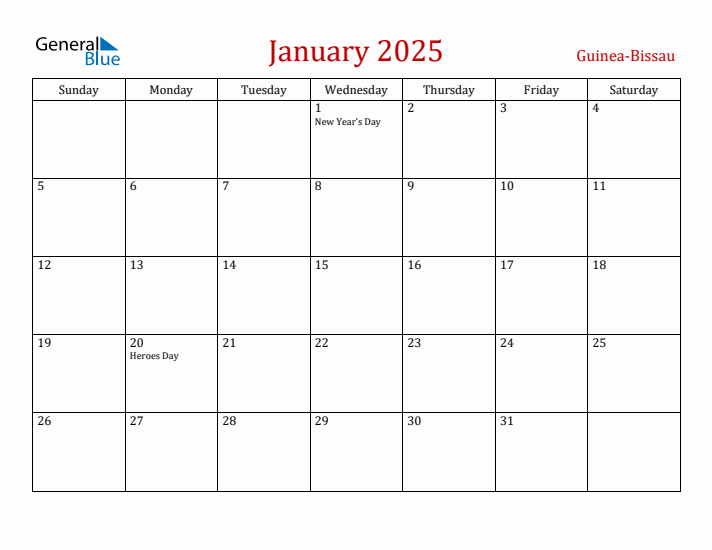 Guinea-Bissau January 2025 Calendar - Sunday Start