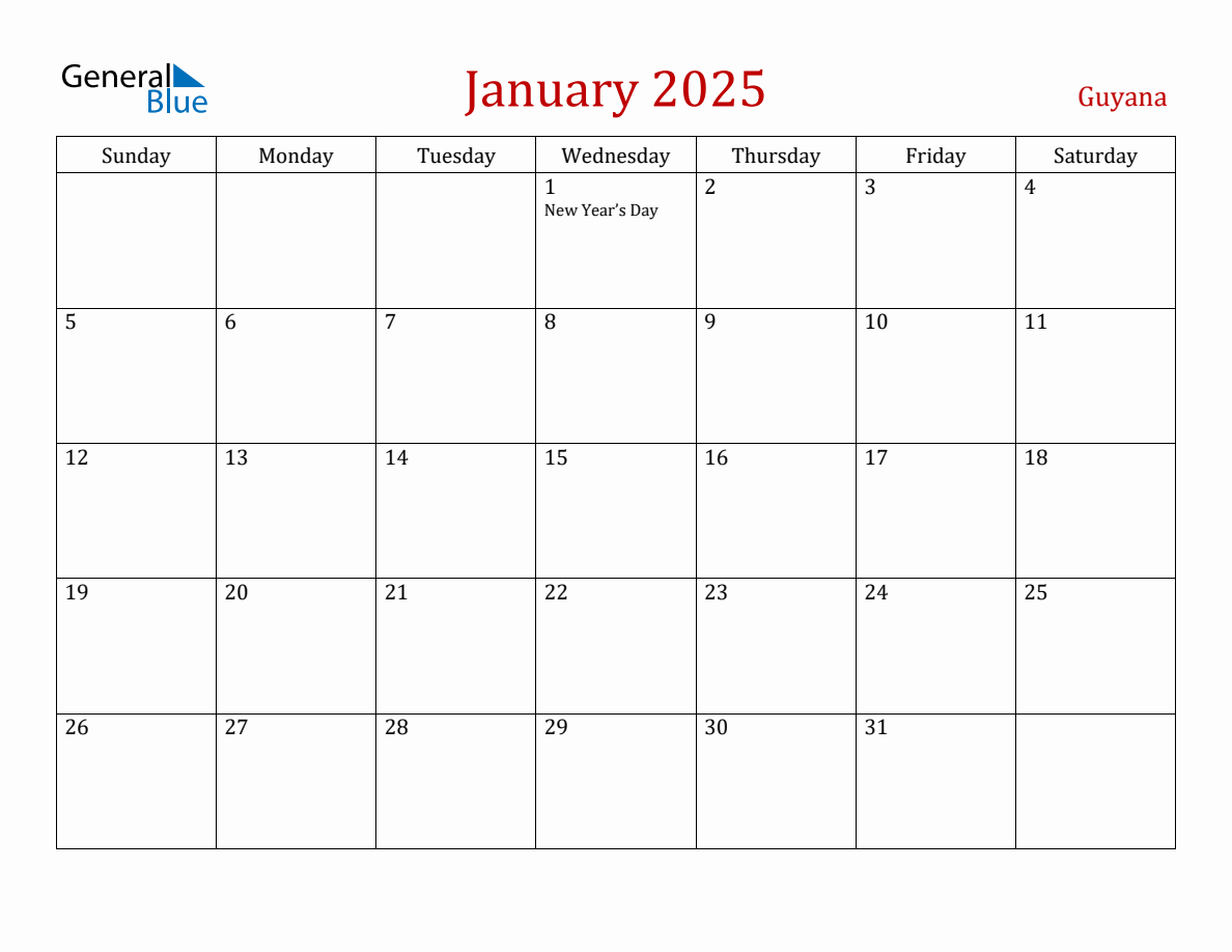 January 2025 Guyana Monthly Calendar with Holidays