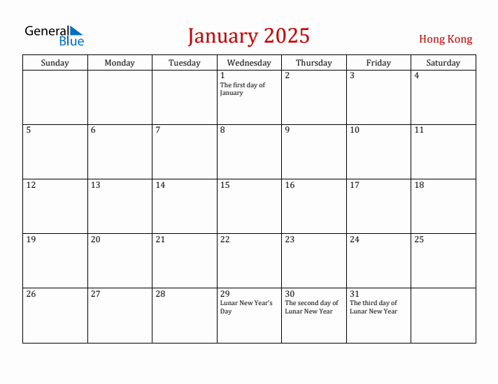 Hong Kong January 2025 Calendar - Sunday Start