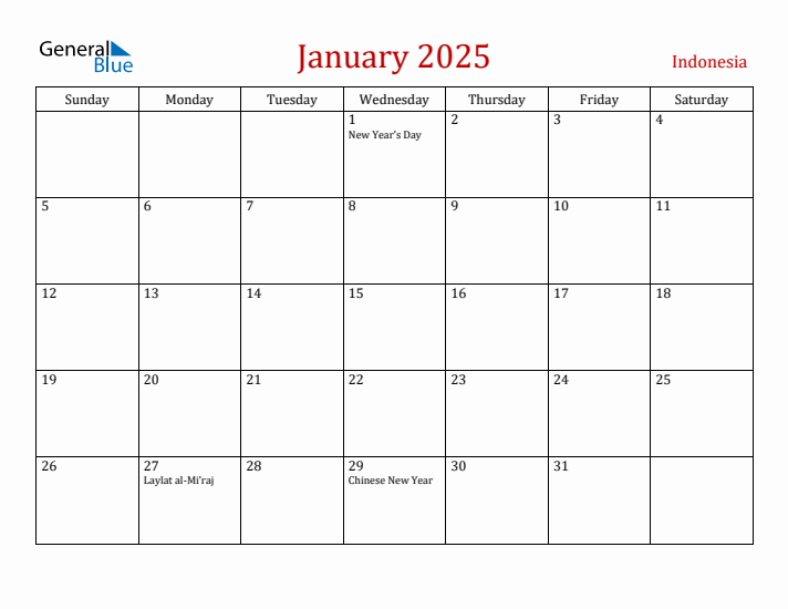 Indonesia January 2025 Calendar - Sunday Start