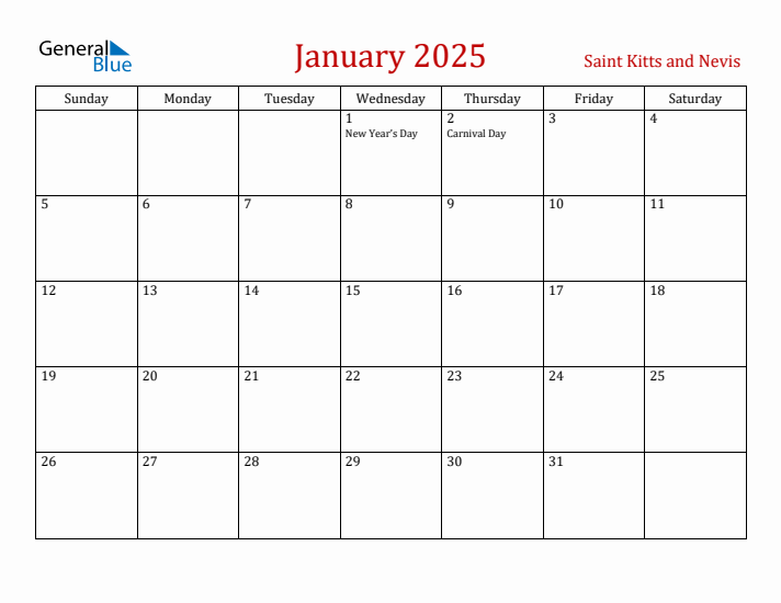 Saint Kitts and Nevis January 2025 Calendar - Sunday Start