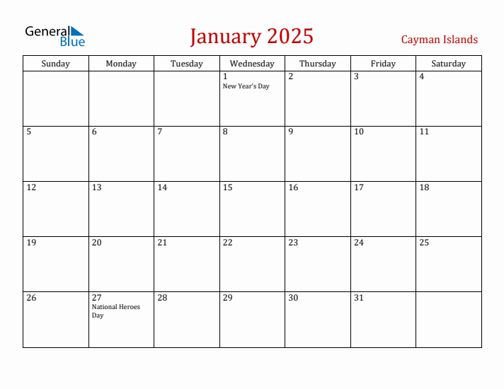 Cayman Islands January 2025 Calendar - Sunday Start