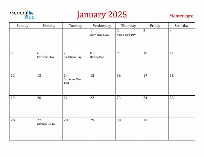 Montenegro January 2025 Calendar - Sunday Start