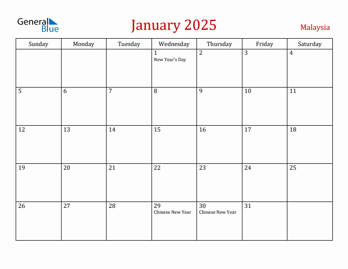 Malaysia January 2025 Calendar - Sunday Start