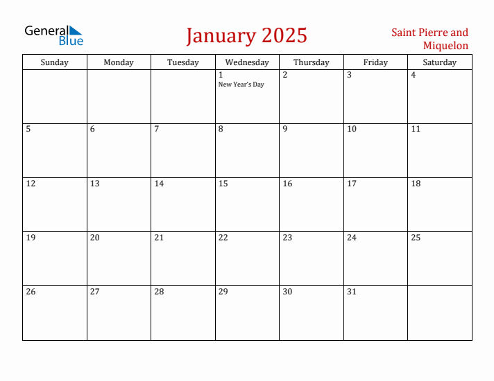 Saint Pierre and Miquelon January 2025 Calendar - Sunday Start