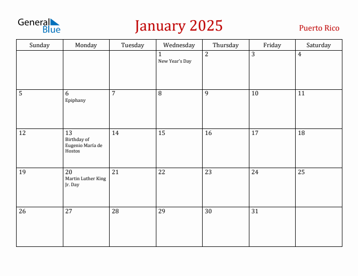 Puerto Rico January 2025 Calendar - Sunday Start