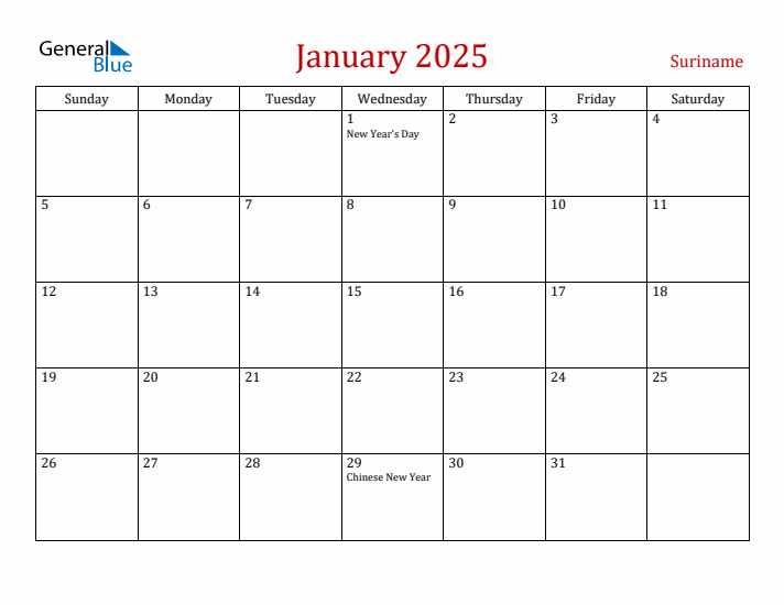 Suriname January 2025 Calendar - Sunday Start