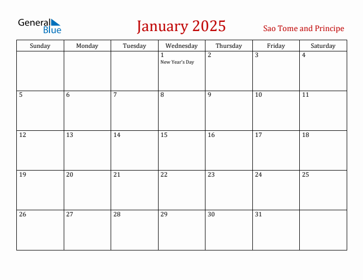 Sao Tome and Principe January 2025 Calendar - Sunday Start