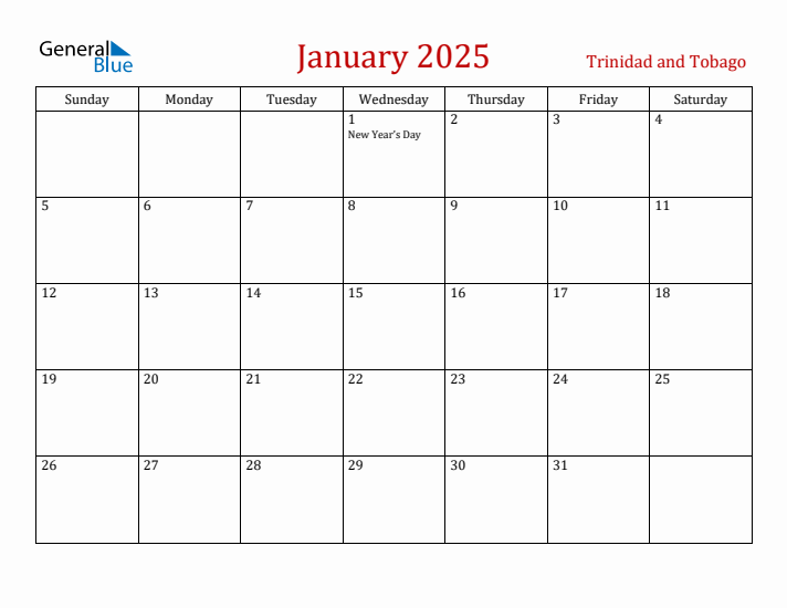 Trinidad and Tobago January 2025 Calendar - Sunday Start