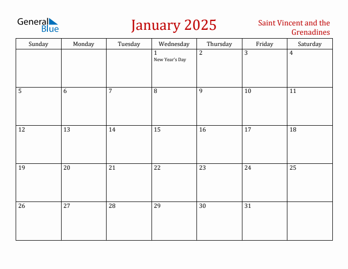 Saint Vincent and the Grenadines January 2025 Calendar - Sunday Start