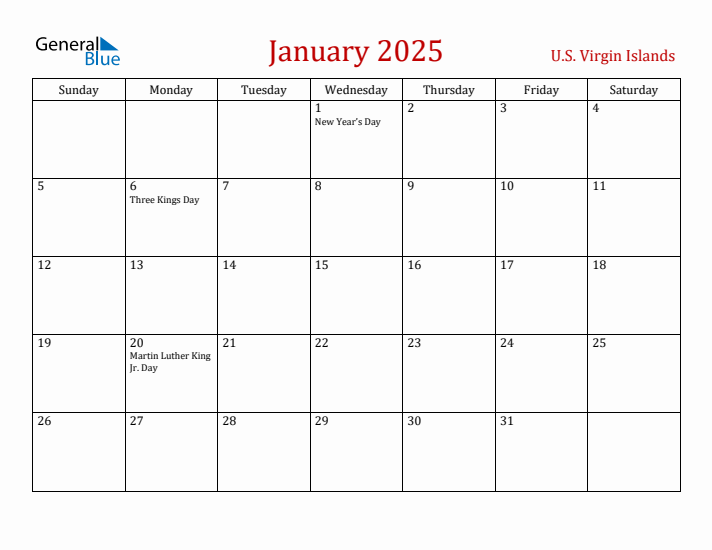 U.S. Virgin Islands January 2025 Calendar - Sunday Start
