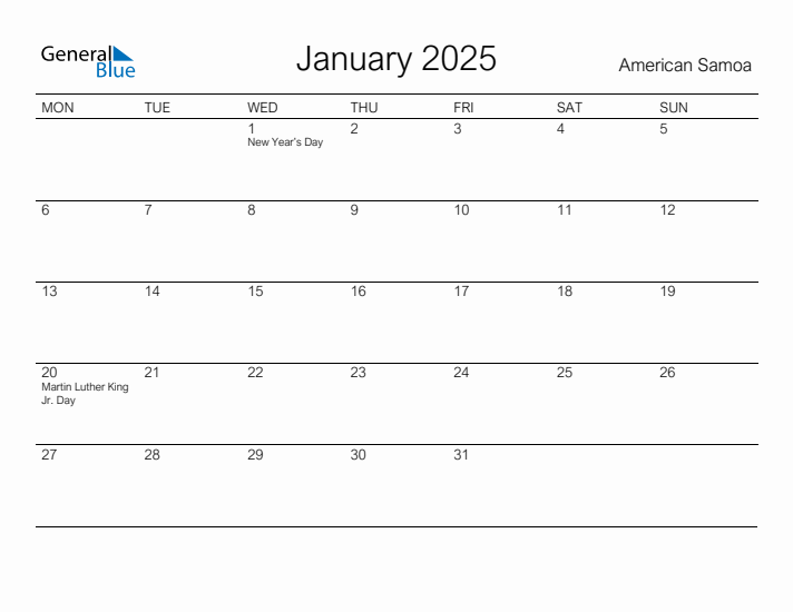 Printable January 2025 Calendar for American Samoa