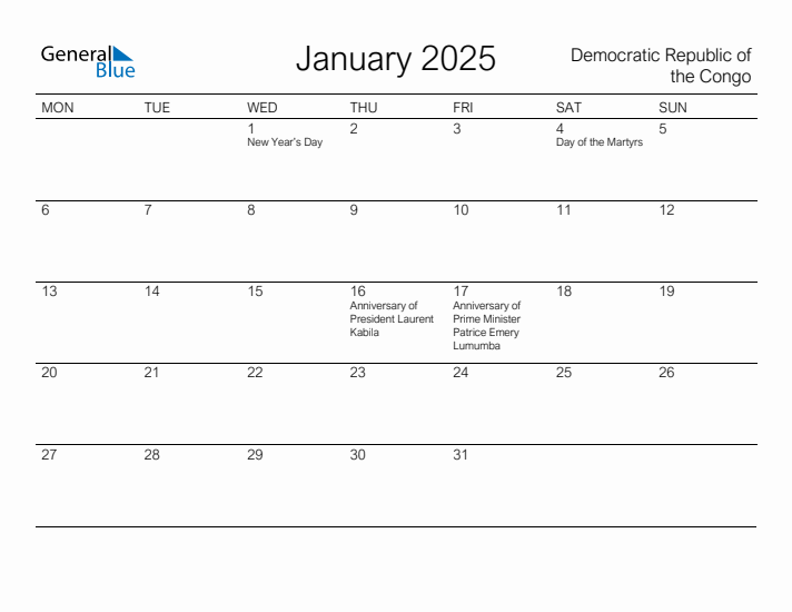 Printable January 2025 Calendar for Democratic Republic of the Congo