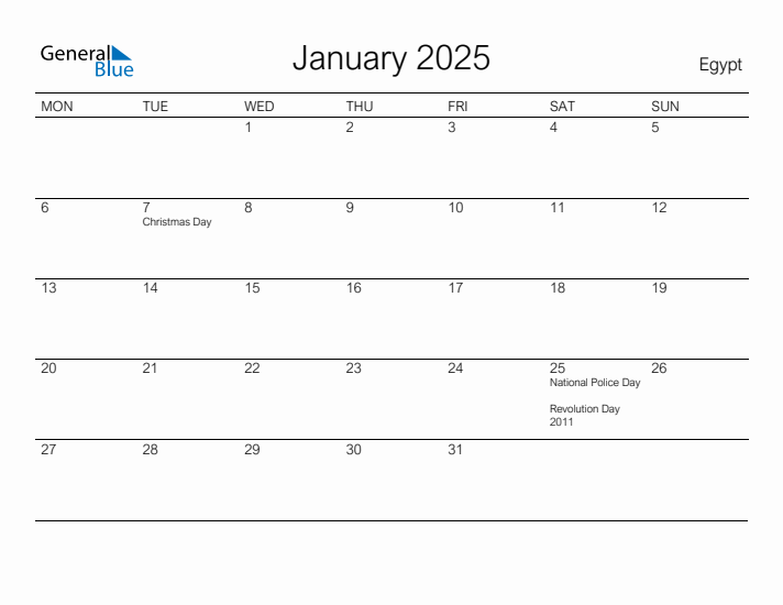 Printable January 2025 Calendar for Egypt