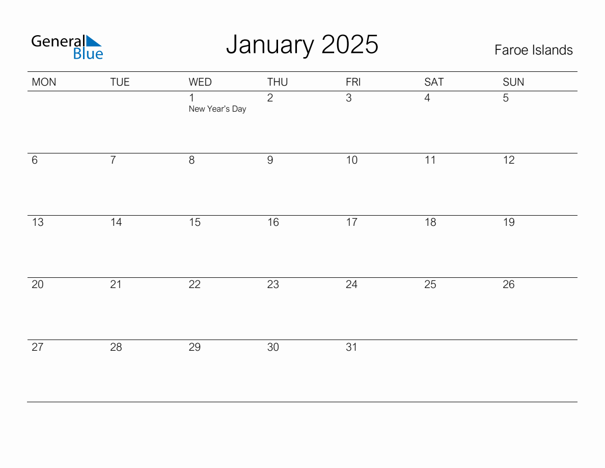 Printable January 2025 Monthly Calendar with Holidays for Faroe Islands ...
