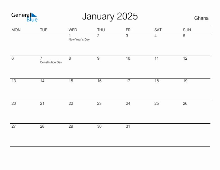 Printable January 2025 Calendar for Ghana