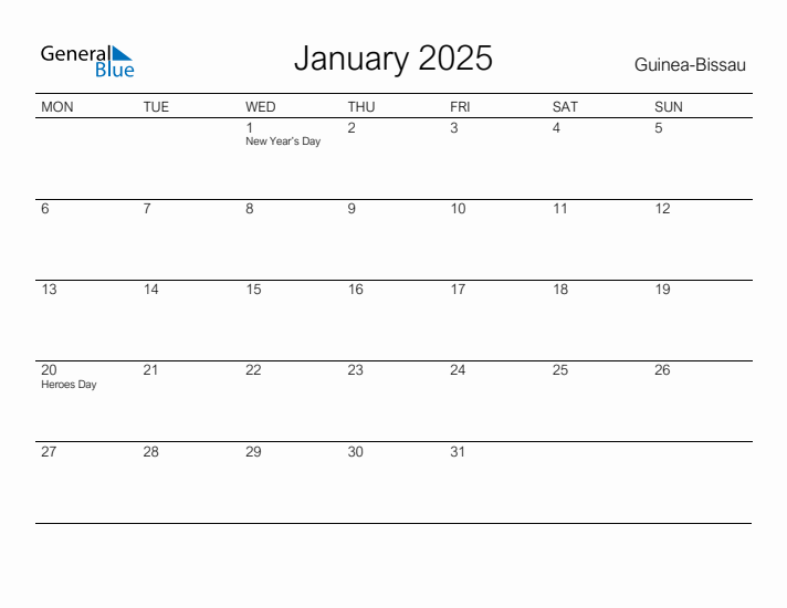 Printable January 2025 Calendar for Guinea-Bissau