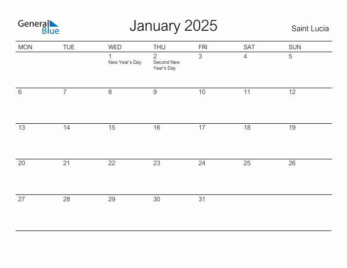 Printable January 2025 Calendar for Saint Lucia