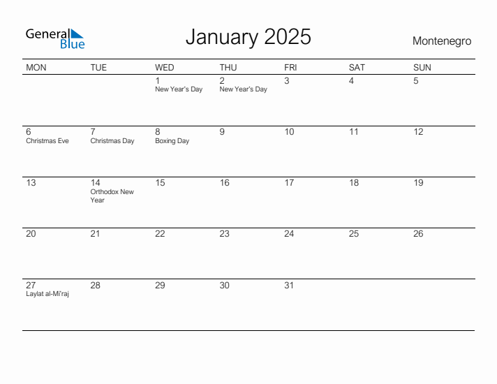 Printable January 2025 Calendar for Montenegro