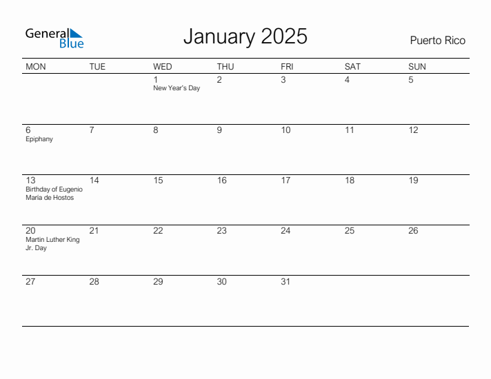 Printable January 2025 Calendar for Puerto Rico
