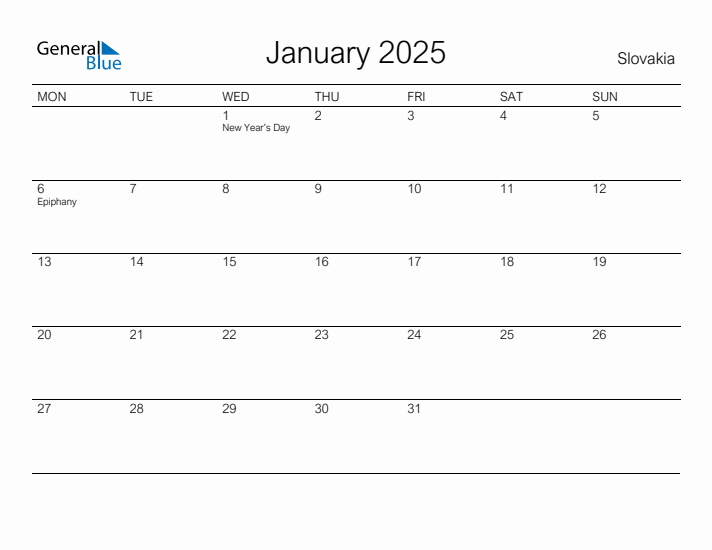 Printable January 2025 Calendar for Slovakia