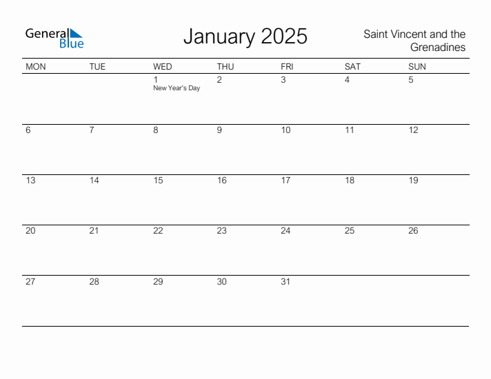 Printable January 2025 Calendar for Saint Vincent and the Grenadines