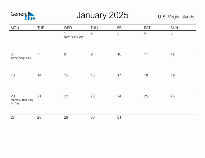 Printable January 2025 Calendar for U.S. Virgin Islands
