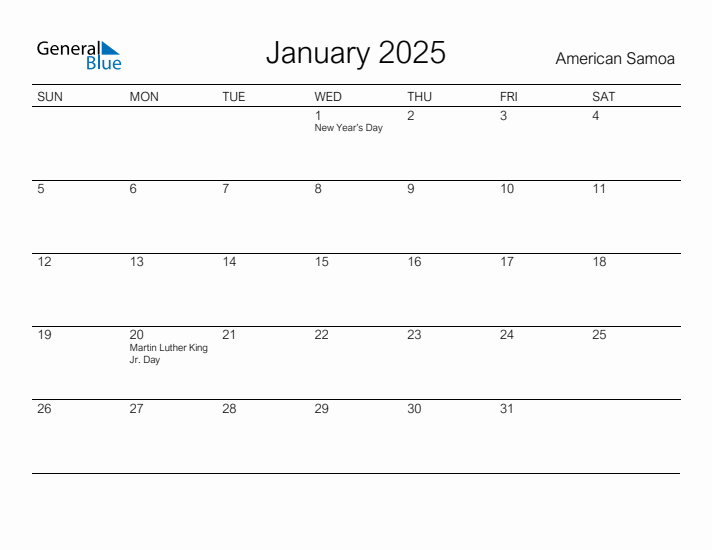 Printable January 2025 Calendar for American Samoa
