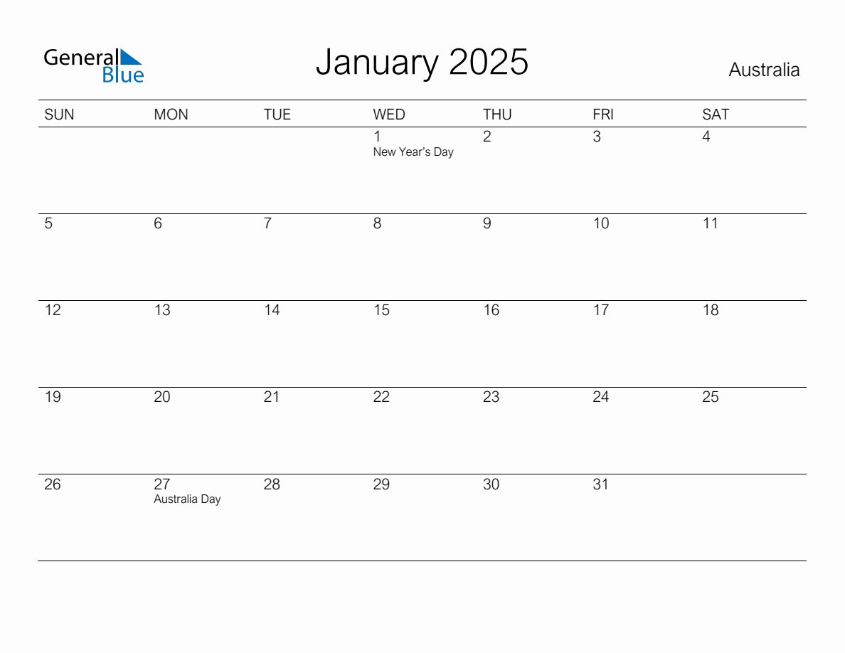 Printable January 2025 Monthly Calendar With Holidays For Australia