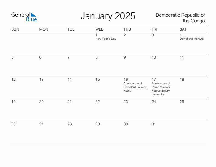 Printable January 2025 Calendar for Democratic Republic of the Congo