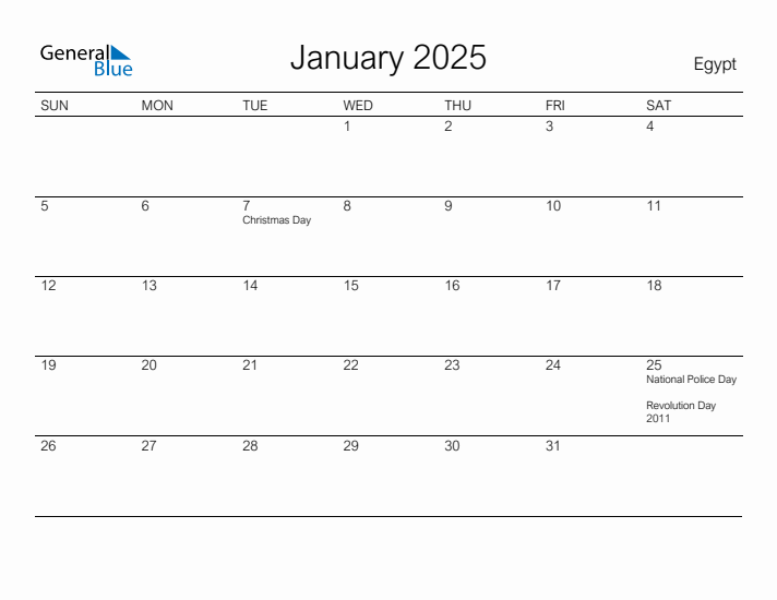 Printable January 2025 Calendar for Egypt