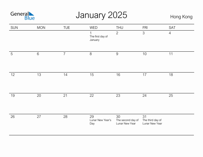 Printable January 2025 Calendar for Hong Kong