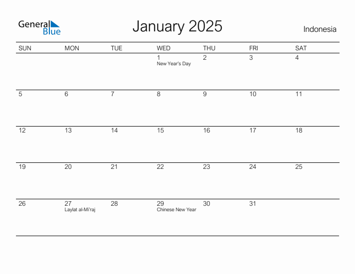 Printable January 2025 Calendar for Indonesia